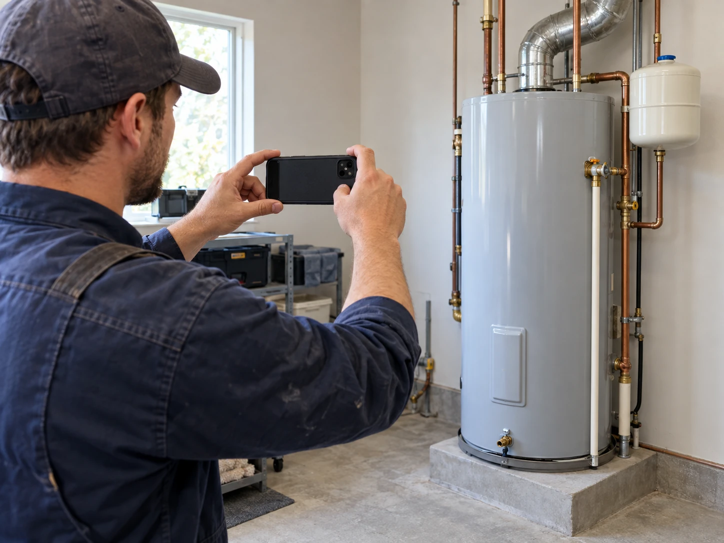 A technician photographing a newly installed water heater with his phone