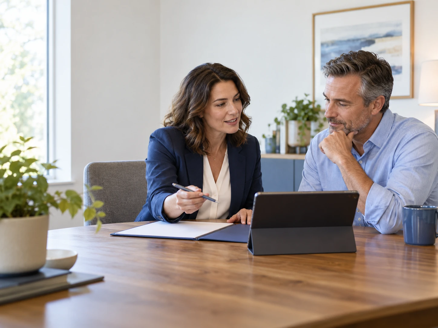 An insurance agent reviewing coverage options with a client on a tablet