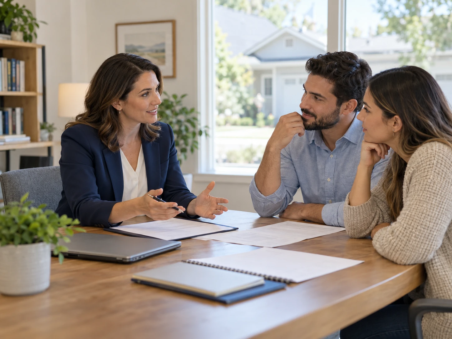 A loan officer explaining mortgage paperwork to a young couple