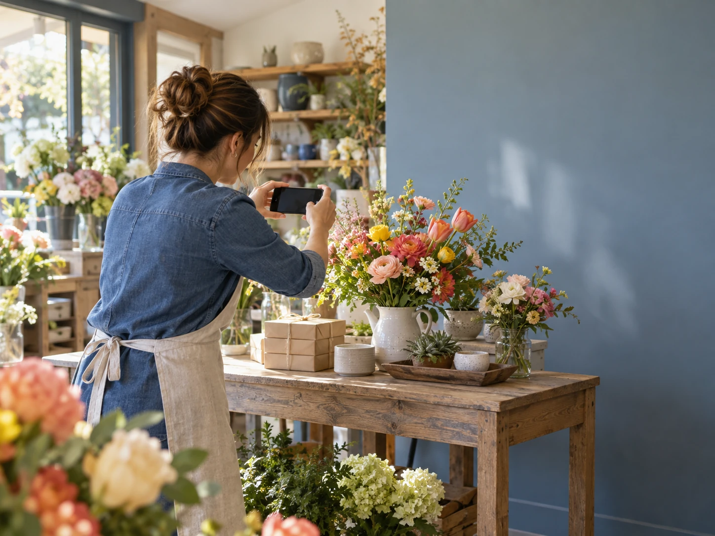 A florist photographing a fresh arrangement in her shop with her phone
