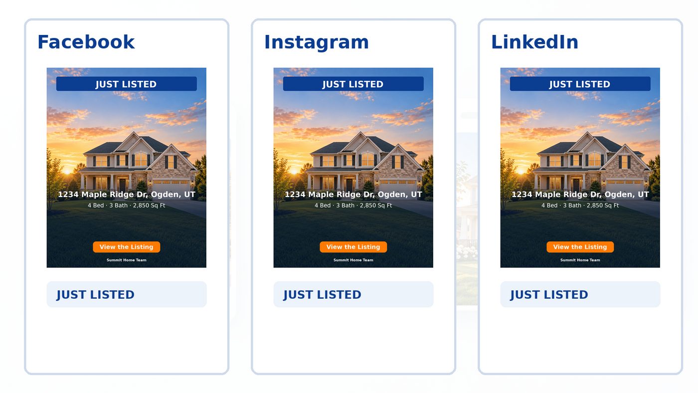The same approved post previewed on Facebook, Instagram and LinkedIn